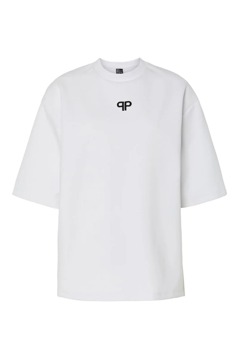 Pieces - Pcmuna Ss O-Neck Oversize Tee - 4864327 Bright White Black Embroidery