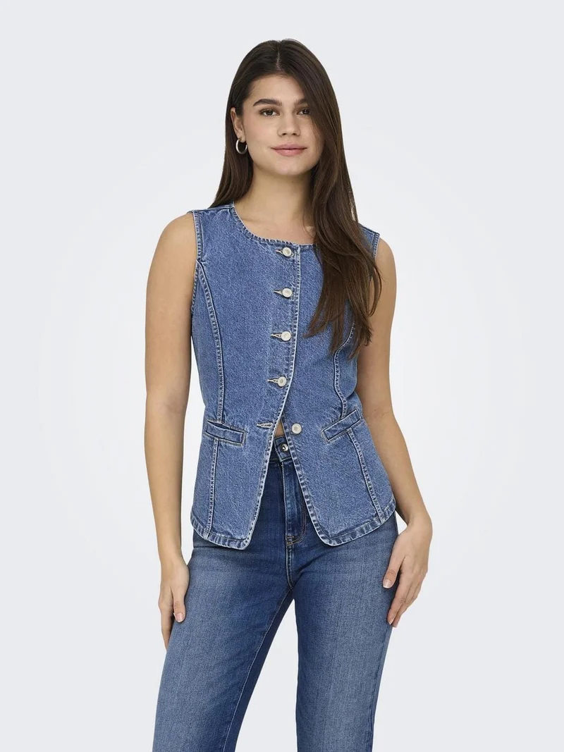 Only - Onlgiulina S/L Button Waistcoat Mae - 4821241 Medium Blue Denim