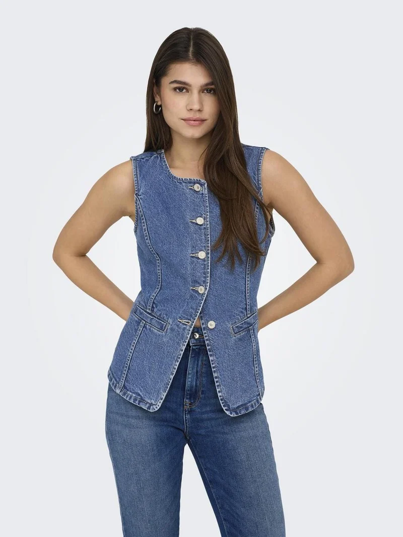 Only - Onlgiulina S/L Button Waistcoat Mae - 4821241 Medium Blue Denim