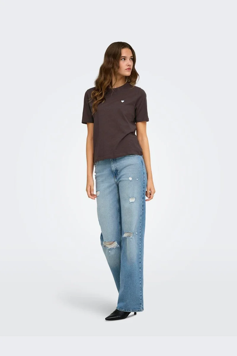 Only - Onlhappy S/S Emb Top - 5204457 Coffee Bean Chambray Heart