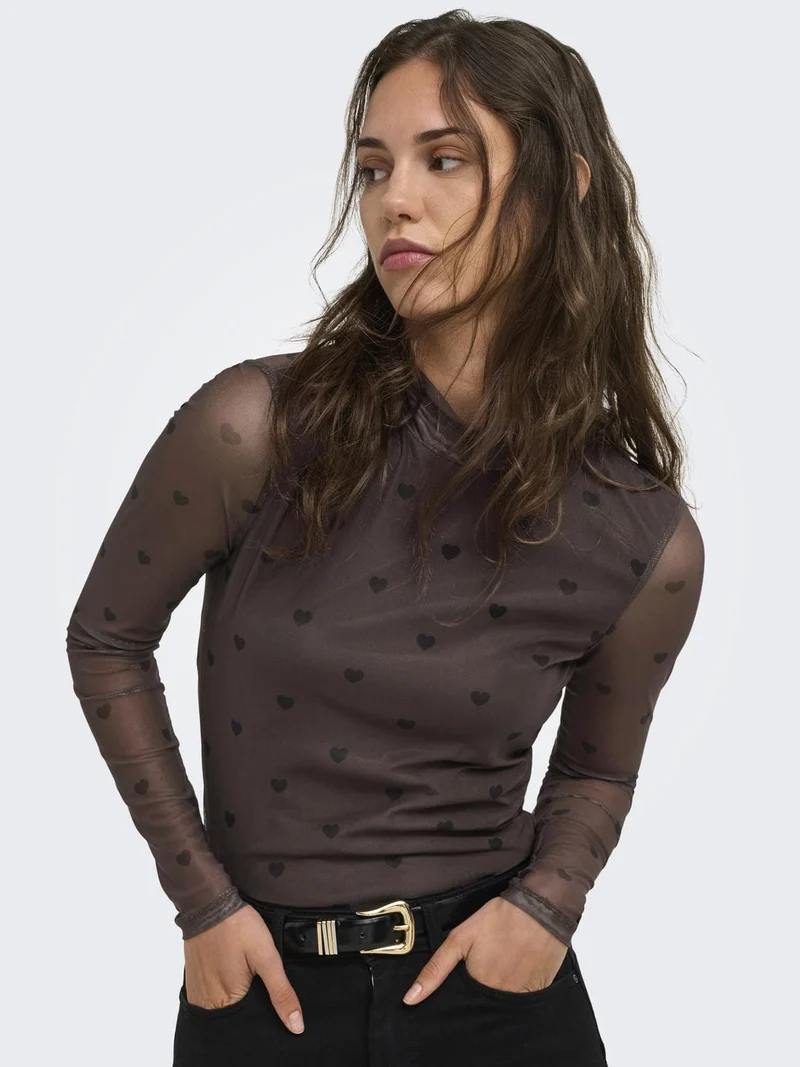 Only - Onlerica Mesh L/S Top - 5099597 Coffee Bean Black Heart