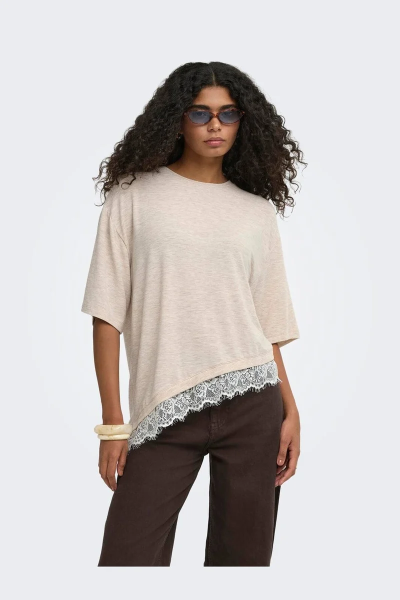 Only - Onlglamour S/S Lace T-Shirt - 5200488 Oatmeal Cd Lace