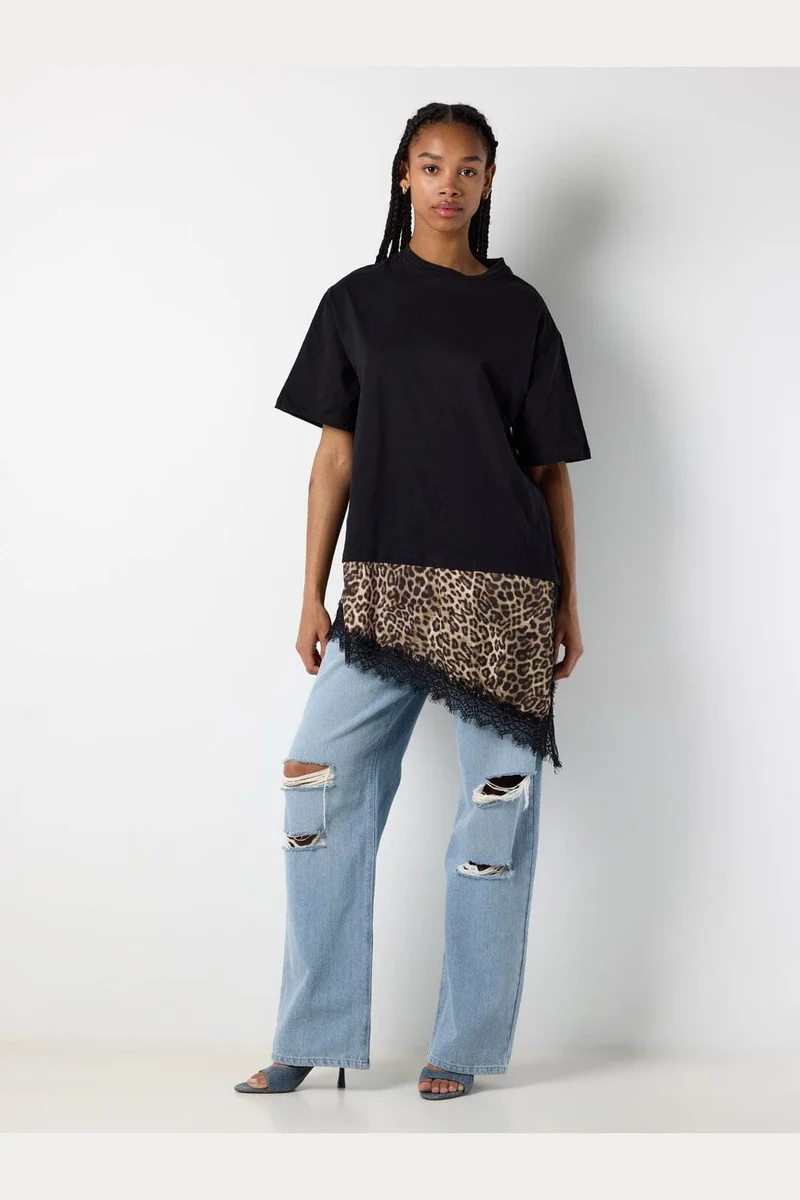 Noisy May - Nmfilla S/S Oversize Satin T-Shirt - 5190999 Black Leo