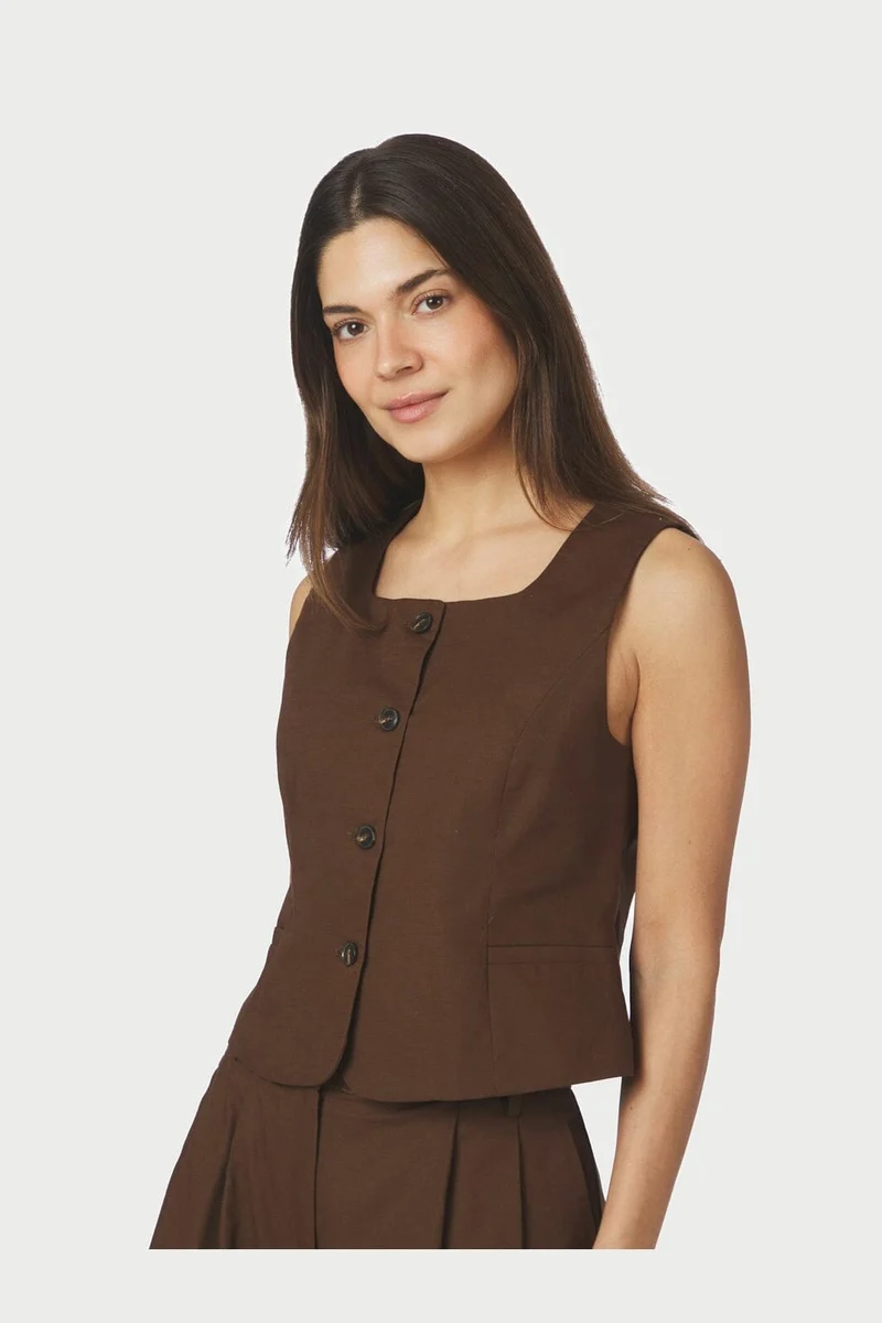 Neo Noir - Yula Linen Waistcoat 165181 - 676 - Dark Brown