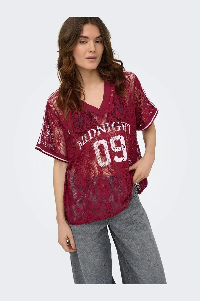 Only - Onljules S/S V-Neck Lace Top - 5130260 Tibetan Red Pale Lilac
