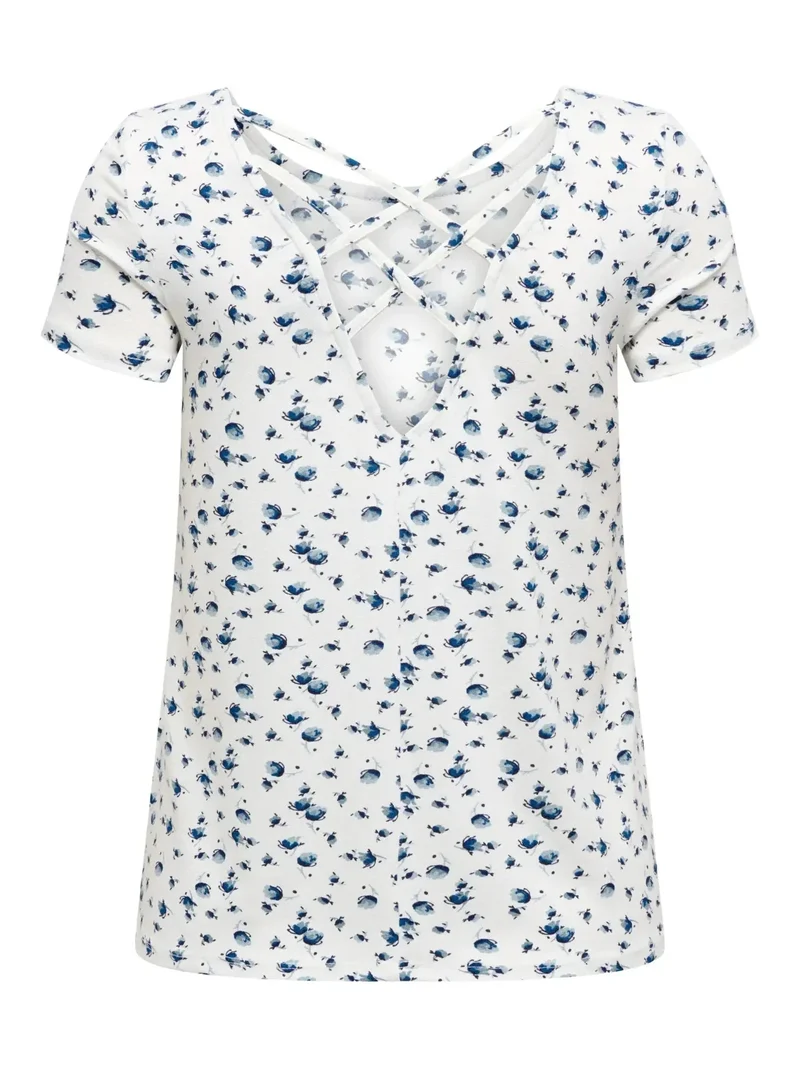 Only - Onlbera Back Lace Up S/S Top - 4967491 Cloud Dancer Tania Blue Flower