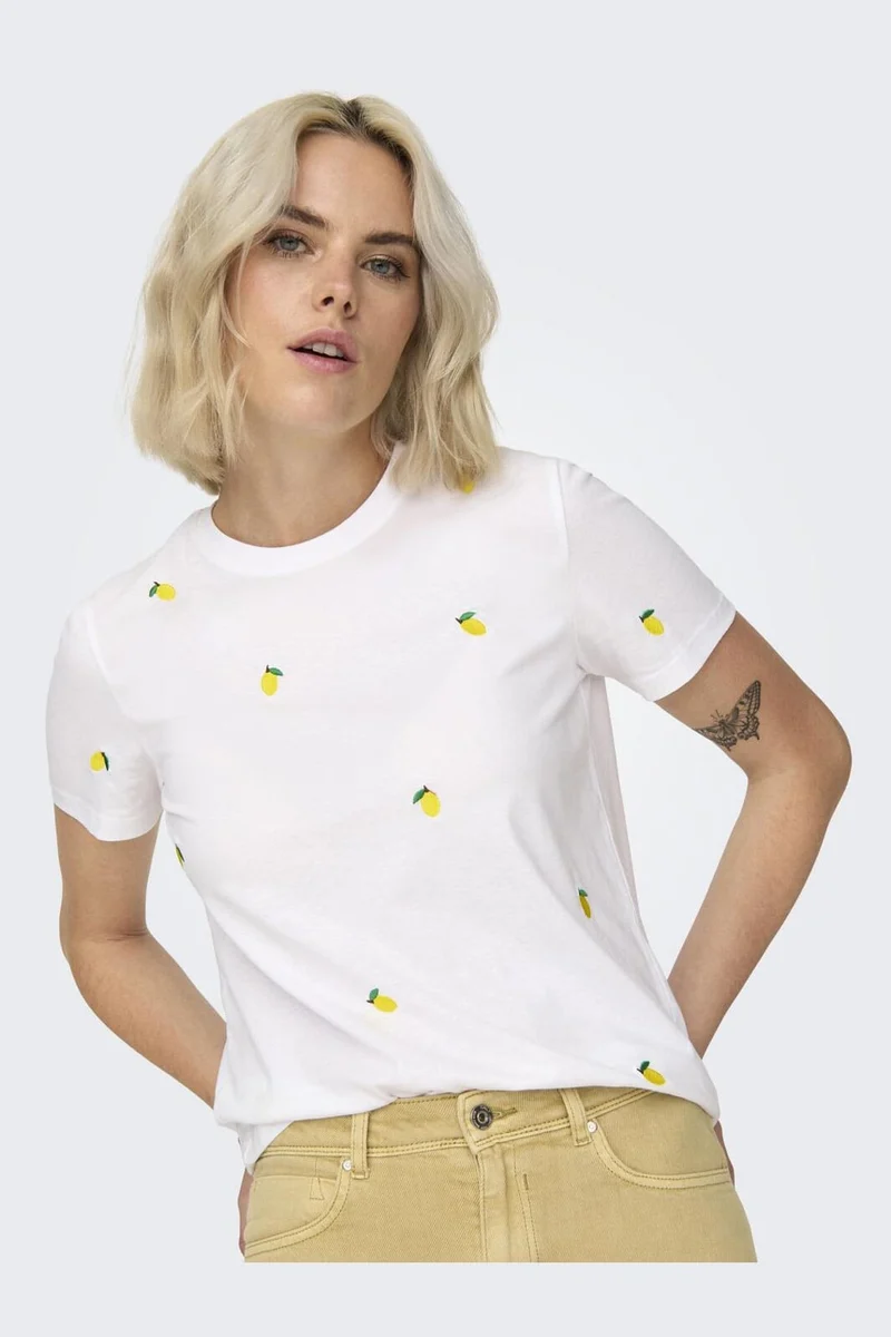 Only - Onlketty Life S/S O-Neck Top - 4444943 Bright White Lemon