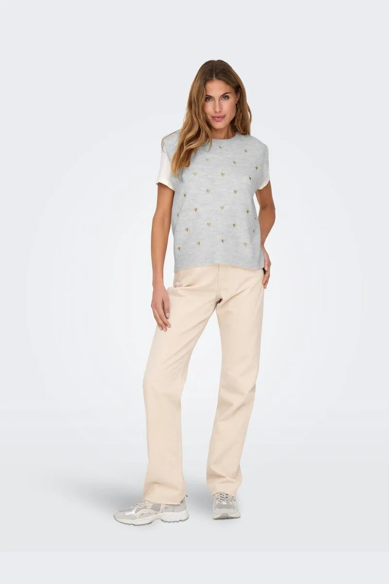 Only - Onlmelody Sl Embroidery O-Neck Knt - 4919768 Light Grey Melange Light Gold Hearts