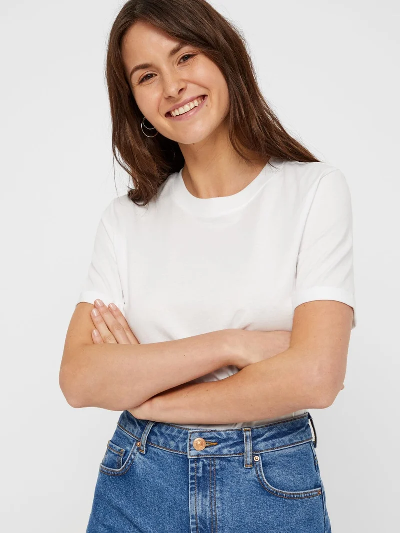Pieces - PcRia SS Fold Up Solid Tee - Bright white